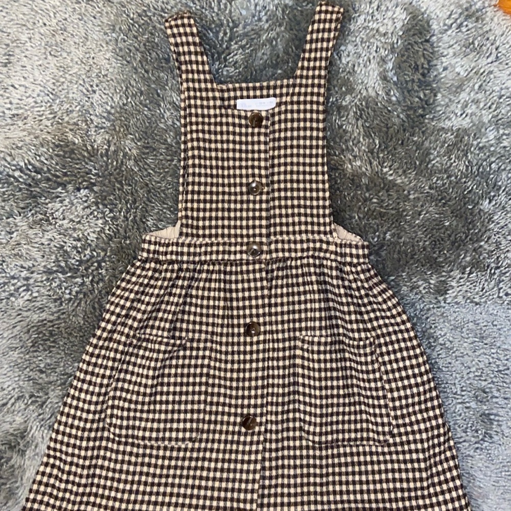 Neutral brown plaid overall dress